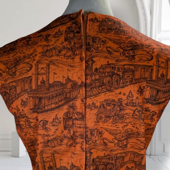 Vintage 60s Mod Belted Shift Dress Size S Orange Americana Print Old West - Picture 12 of 14